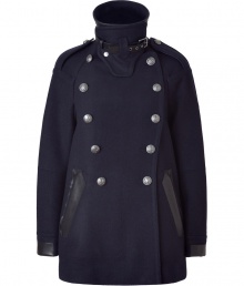 With a flattering flared silhouette and a dramatic high neck, the classic pea coat gets a decidedly downtown update from Belstaff - Dramatic stand-up collar with belt detail, epaulets with silver-toned button, double-breasted, front button placket, flared silhouette, leather detailed pockets and cuffs - Pair with high-waisted skinny pants, a modernized pullover, and high heel booties With a flattering flared silhouette and a dramatic high neck, the classic pea coat gets a decidedly downtown update from Belstaff - Dramatic stand-up collar with belt detail, epaulets with silver-toned button, double-breasted, front button placket, flared silhouette, leather detailed pockets and cuffs - Pair with high-waisted skinny pants, a modernized pullover, and high heel booties