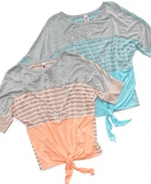 Fun and trendy horizontal stripe tee with stylish tie front by Beautees. Fun and trendy horizontal stripe tee with stylish tie front by Beautees.