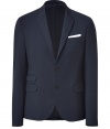 Pull together your look with a finish of impeccable tailoring in Neil Barretts navy blazer - Peaked lapel, long sleeves, buttoned cuffs, flap pockets, double back vent, tailored fit, slightly shorter length - Pair with crisp shirts and tailored trousers