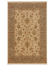 Borrowing from the rich traditions of Indian rug making, this Karastan rug overflows with pretty florals and palmettes, placed against a neutral ground with bursts of red to create a awe-inspiring contrast. Made from 100% premium worsted 3-ply wool for a soft hand and long-lasting wear. Borrowing from the rich traditions of Indian rug making, this Karastan rug overflows with pretty florals and palmettes, placed against a neutral ground with bursts of red to create a awe-inspiring contrast. Made from 100% premium worsted 3-ply wool for a soft hand and long-lasting wear.