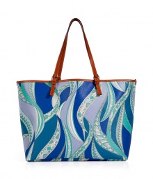 Stash away your warm weather essentials in Emilio Puccis characteristic printed PVC tote, detailed with smooth leather handles for a polished look - Belted leather double top handles, bright blue interior - Wear with a sundress and sandals in the city, or carry to the beach with a bright string bikini Stash away your warm weather essentials in Emilio Puccis characteristic printed PVC tote, detailed with smooth leather handles for a polished look - Belted leather double top handles, bright blue interior - Wear with a sundress and sandals in the city, or carry to the beach with a bright string bikini