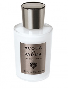 Hydration and protection post shave is a crucial step in the grooming ritual. Emollients and protective ingredients cushion and soothe the skin. Scented with the rich and warm leather inspired Colonia Intensa fragrance. 3.4 oz. Hydration and protection post shave is a crucial step in the grooming ritual. Emollients and protective ingredients cushion and soothe the skin. Scented with the rich and warm leather inspired Colonia Intensa fragrance. 3.4 oz.