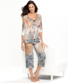 Let the pretty prints of Style&co's pajamas brighten up your day. The top features 3/4 length sleeves and a decorative trim around the v-neck while the roomy capri pants feature an elastic waistband. Let the pretty prints of Style&co's pajamas brighten up your day. The top features 3/4 length sleeves and a decorative trim around the v-neck while the roomy capri pants feature an elastic waistband.