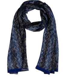 With a shimmer of metallic luster, Missonis tonal blue zigzag knit scarf is a cool way to wear the brands iconic look - Allover metallic shimmer - Wear with a leather biker jacket and matching black accessories With a shimmer of metallic luster, Missonis tonal blue zigzag knit scarf is a cool way to wear the brands iconic look - Allover metallic shimmer - Wear with a leather biker jacket and matching black accessories