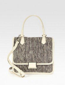 A refined, versatile shape made of textured straw, neatly framed with smooth leather trim in a contrasting tone. Leather top handle, 6½ dropAdjustable detachable leather shoulder strap, 19¼-22½ dropPush-lock closure on front flapOne inside zip pocketTwo inside open pocketsFloral-printed lining11W X 9½H X 3½DImported A refined, versatile shape made of textured straw, neatly framed with smooth leather trim in a contrasting tone. Leather top handle, 6½ dropAdjustable detachable leather shoulder strap, 19¼-22½ dropPush-lock closure on front flapOne inside zip pocketTwo inside open pocketsFloral-printed lining11W X 9½H X 3½DImported