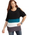 Score super-hot style with ING's cold-shoulder plus size top, spotlighting a colorblocked design.