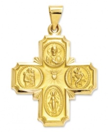 Keep the faith. This stunning four-way medal charm depicts four religious scenes including the Sacred Heart, St. Christopher, Miraculous and St. Joseph. Text reads I am a Catholic, please call a priest at the back. Crafted in 14k gold. Chain not included. Approximate length: 1-3/10 inches. Approximate width: 1 inch.