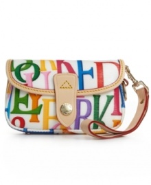Color yourself fabulous! This flap wristlet by Dooney & Bourke features a colorful signature print, solid trim and detachable handle. Color yourself fabulous! This flap wristlet by Dooney & Bourke features a colorful signature print, solid trim and detachable handle.