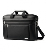 Take on last-minute travel! You'll always be prepared to go with laptop in tow, protected in the fully padded compartment, and all of your accessories right at hand in the front two quick stash pockets. The fully-lined and embossed interior and matte nickel hardware add a sophisticated accent. 3-year warranty.