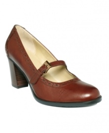 A warm-weather favorite, delicate eyelet embellishment adds a splash of summery style to Bandolino's leather Mary Jane pumps. With buckle hardware detailing and 3 stacked heel. A warm-weather favorite, delicate eyelet embellishment adds a splash of summery style to Bandolino's leather Mary Jane pumps. With buckle hardware detailing and 3 stacked heel.