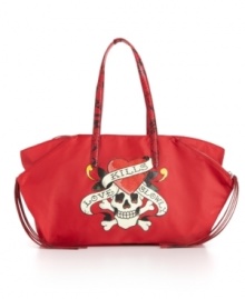 Snakeskin patent handles and fringe accent this matte tote embellished with Ed Hardy's signature Love Kills Slowly graphic and rhinestones. Snakeskin patent handles and fringe accent this matte tote embellished with Ed Hardy's signature Love Kills Slowly graphic and rhinestones.