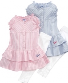 Storybook style. Romantic ruffles and pretty pinstripes lend a whimsical feel to this tunic and leggings set that's perfect for your little princess. Storybook style. Romantic ruffles and pretty pinstripes lend a whimsical feel to this tunic and leggings set that's perfect for your little princess.