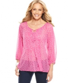 This chic top from Charter Club is rendered from semi-sheer fabric and features delicate pintuck pleats at the chest. Pair it with a cami and jeans for style that's modern and feminine. This chic top from Charter Club is rendered from semi-sheer fabric and features delicate pintuck pleats at the chest. Pair it with a cami and jeans for style that's modern and feminine.