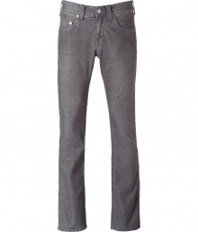 Bobby straight leg pants made ..from a soft cotton blend - Cool grey corduroy - Straight cut, relaxed fit, slightly wider leg - 5 pocket cut with button closure - Signature stitching on both back hip pockets - From the L.A. star jeans label True Religion - Wear with a plaid shirt and n.d.c. boots Bobby straight leg pants made ..from a soft cotton blend - Cool grey corduroy - Straight cut, relaxed fit, slightly wider leg - 5 pocket cut with button closure - Signature stitching on both back hip pockets - From the L.A. star jeans label True Religion - Wear with a plaid shirt and n.d.c. boots
