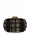 Inject edgy-luxe appeal to your black tie or evening looks with this round frame studded clutch from Emilio Pucci - Round hard frame, brass-tone logo snap top closure, stud detailed panels on leather, patterned silk lining - Pair with a floor-sweeping evening gown and metallic