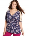 Amp up your frill factor with Eyeshadow's floral-print plus size top, accented by lace trim.