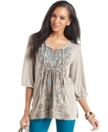 A slub texture and pretty, studded print give this Style&co. top a ton of flair--try yours with colored denim!