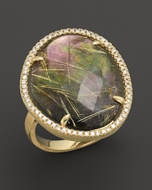 Diamonds circle a faceted rutilated quartz and black mother of pearl doublet in an 18K yellow gold band. By Di Massima. Diamonds circle a faceted rutilated quartz and black mother of pearl doublet in an 18K yellow gold band. By Di Massima.