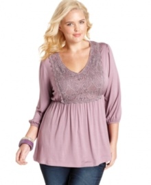 Frill out your look with ING's three-quarter-sleeve plus size top, featuring a crochet bib front.