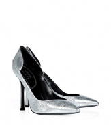 Amp up your outfit with an edge of high-octane attitude with Edmundo Castillos metallic silver pointy toe pumps - Pointed toe, asymmetrical topline, mirrored metallic back counter, softly flared stiletto heel - Pair with edgy accessories and statement evening jewelry