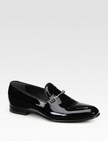 Black patent leather moccasin with silver finished horsebit detail.Leather soleMade in Italy