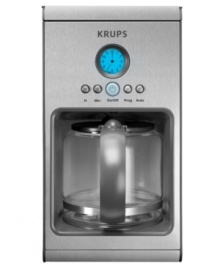 Look what Krups has brewed up! Designed to give your kitchen a contemporary kick, this coffee maker has a sleek stainless steel body with graphite accents and an intuitive, easy-to-use programming feature that lets you schedule your brew for when you need it most. One-year limited warranty. Model KM1000. Look what Krups has brewed up! Designed to give your kitchen a contemporary kick, this coffee maker has a sleek stainless steel body with graphite accents and an intuitive, easy-to-use programming feature that lets you schedule your brew for when you need it most. One-year limited warranty. Model KM1000.