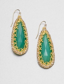 From the Elements Siyabona Collection. Faceted chrysoprase in a teardrop shape surrounded in Swarovski crystals in a goldtone setting. Goldtone Swarovski crystalsChrysopraseDrop, about 2.2514k gold filled French wire backMade in USA From the Elements Siyabona Collection. Faceted chrysoprase in a teardrop shape surrounded in Swarovski crystals in a goldtone setting. Goldtone Swarovski crystalsChrysopraseDrop, about 2.2514k gold filled French wire backMade in USA