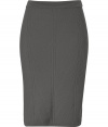 An elegant, allover knit pattern lends this grey wool Alberta Ferretti skirt its ladylike-with-a-twist chic - Pull-on style, with flattering decorative seam detail - Sophisticated and feminine, easily transitions from the office to cocktails or dinner - Medium-rise, curve-hugging pencil cut - Pair with a blazer and blouse, a leather jacket and silk top or a cashmere pullover