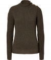 With its sophisticated mockneck and chic utilitarian feel, Salvatore Ferragamos ribbed wool pullover is a timeless-modern must for casual daytime looks - Mockneck, long sleeves, buttoned shoulder, gold-toned logo buttons, embroidered logo patch on sleeve - Classic straight fit - Pair with favorite jeans and luxe brown leather accessories