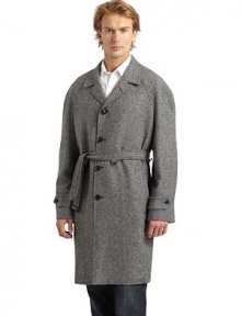 THE LOOKNotched lapelButton closureDual welt pocketsLong sleeves with tab accentsBelted waistVented back hemTHE FITAbout 40 from shoulder to hemTHE MATERIALWorsted woolFully linedCARE & ORIGINDry cleanMade in USA THE LOOKNotched lapelButton closureDual welt pocketsLong sleeves with tab accentsBelted waistVented back hemTHE FITAbout 40 from shoulder to hemTHE MATERIALWorsted woolFully linedCARE & ORIGINDry cleanMade in USA