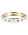 Fill in the dots. Betsey Johnson's pretty hinge bangle features a white surface decorated with glittery pink and solid blue dots and shimmering crystal accents. Set in gold tone mixed metal. Approximate diameter: 2-1/2 inches.