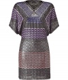 Make a stylish statement in this knit cocktail-ready dress from Missoni - V-neck, short dolman sleeves, fitted silhouette, all-over geometric patterned knit, mini length - Style with an A-line coat, metallic heels, and a leather clutch