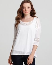 A sheer lace silhouette lends ladylike romance to this Miraclebody by Miraclesuit top. Crisp denim anchors the whimsical sentiment.