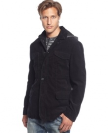 Enjoy the look of layers in one easy piece with this classy DKNY Jeans hooded corduroy jacket.