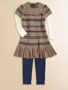 Delicate pointelle accents a pretty Fair Isle-knit dress crafted in a season-spanning short-sleeved silhouette.Ribbed crewneckShort sleevesShoulder buttonsDrop-waistRuffled pointelle hem85% cotton/15% woolDry cleanImported Please note: Number of buttons may vary depending on size ordered. Delicate pointelle accents a pretty Fair Isle-knit dress crafted in a season-spanning short-sleeved silhouette.Ribbed crewneckShort sleevesShoulder buttonsDrop-waistRuffled pointelle hem85% cotton/15% woolDry cleanImported Please note: Number of buttons may vary depending on size ordered.