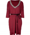 Knit dress in dark-red silk has a kimono cut that is fitted with a double-bonded belt - Features a wide V-neckline that is adorned with shells and beading - The perfect summer dress for daytime events, garden parties and vacation - Pair with cork wedges or flat thong sandals