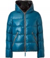 A sleek patina and vibrant contrast piping lend this Duvetica down jacket its sporty and stylish edge - In a lighter weight, wind- and water-resistant lagoon blue polyamide with grey trim - Straight cut fits close to the body for extra warmth - Full zip, hood and oversize diagonal zippered pockets at front - Perfect for cold weather casual looks - Pair with jeans, chinos, cords and athletic pants