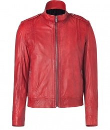 Inject eye-catching style into your modern outerwear collection with Hugos bright red leather jacket - Stand-up collar, long sleeves, metal front zip, snapped epaulettes, zippered slit pockets, quilted trim - Contemporary short slim fit - Team with modern knits, slim cut trousers and leather boots Inject eye-catching style into your modern outerwear collection with Hugos bright red leather jacket - Stand-up collar, long sleeves, metal front zip, snapped epaulettes, zippered slit pockets, quilted trim - Contemporary short slim fit - Team with modern knits, slim cut trousers and leather boots