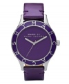 Rule your castle in style with this regally purple Blade watch from Marc by Marc Jacobs. Purple patent leather strap and round stainless steel case. Purple bezel features silvertone script logo. Purple dial with logo and silvertone hands. Quartz movement. Water resistant to 30 meters. Two-year limited warranty.