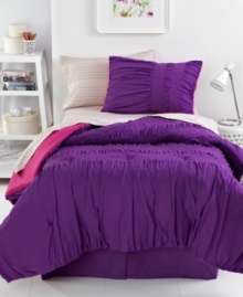 Anything but ordinary, this Marrakesh Market comforter set offers a distinct Moroccan feel with expert ruched texture and metallic stitched details for luxe glimmer. A rich purple hue finishes this trendy look. Reverses to solid pink. Anything but ordinary, this Marrakesh Market comforter set offers a distinct Moroccan feel with expert ruched texture and metallic stitched details for luxe glimmer. A rich purple hue finishes this trendy look. Reverses to solid pink.