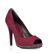 Luxurious platform pumps of fine, cranberry suede - An awesome shoe with a small platform and high stiletto heel - Open peep toe front - Ingenious blend of sophisticated, sharp and sexy - Stable, raised heel, you wont slip out - A dream shoe for grand events and parties - Fits with an exclusive evening gown as well as with cool skinny pants or flared trousers