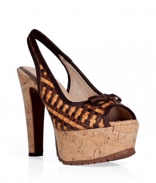 Retro-cool chocolate and camel braided platform sandals from LAutre Chose - Channel 70s-inspired chic in these leather and cork platform sandals - Super high cork platform with woven multicolored leather, front bow, and peep-toe style - Pair with high-waisted flared jeans, a tie-neck blouse, and a fitted blazer