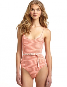 THE LOOKZigzag stripes patternAdjustable shoulder strapsScoop necklineContrast zigzag belt with buckleHigh cut leg openingsLogo-embossed button at sideTHE MATERIAL80% nylon/20% spandexCARE & ORIGINHand washImported THE LOOKZigzag stripes patternAdjustable shoulder strapsScoop necklineContrast zigzag belt with buckleHigh cut leg openingsLogo-embossed button at sideTHE MATERIAL80% nylon/20% spandexCARE & ORIGINHand washImported
