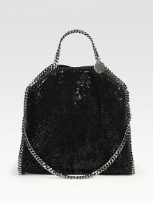 A highly-textured faux leather design trimmed with whip stitch and link chain trim.Double top chain handles, 4½ dropShoulder chain strap, 10½ dropSnap fold-over closureOne inside zip pocketFully lined14W X 13H X 3DMade in Italy A highly-textured faux leather design trimmed with whip stitch and link chain trim.Double top chain handles, 4½ dropShoulder chain strap, 10½ dropSnap fold-over closureOne inside zip pocketFully lined14W X 13H X 3DMade in Italy