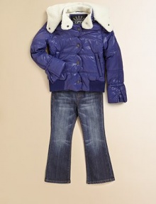 Your young lady never has to sacrifice style for warmth with this smart and sporty jacket with a few fun details.Zip-off hood with fleece lining and snap close Stand collar with fleece lining Scalloped snap placket Angled front zip pockets Elasticized sleeves with wide, flared cuffs Ribbed knit waist Fully lined Polyester shell and fill Hand wash Imported Your young lady never has to sacrifice style for warmth with this smart and sporty jacket with a few fun details.Zip-off hood with fleece lining and snap close Stand collar with fleece lining Scalloped snap placket Angled front zip pockets Elasticized sleeves with wide, flared cuffs Ribbed knit waist Fully lined Polyester shell and fill Hand wash Imported