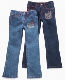 Glam up the every day with a her favorite furry character and a little bit of sparkle with these rhinestone-studded jeans from Hello Kitty. (Clearance) Glam up the every day with a her favorite furry character and a little bit of sparkle with these rhinestone-studded jeans from Hello Kitty. (Clearance)