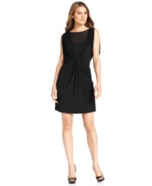 Spense's petite A-line dress features elegant ruching and a sheer neckline creating an ultra-feminine appeal. Spense's petite A-line dress features elegant ruching and a sheer neckline creating an ultra-feminine appeal.
