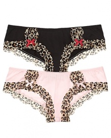 Go wild for this soft hipster with animal print lace trim and small bow accents.