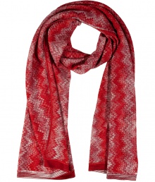 With a shimmer of metallic luster, Missonis tonal red zigzag knit scarf is a cool way to wear the brands iconic look - Allover metallic shimmer - Wear with a leather biker jacket and matching accessories With a shimmer of metallic luster, Missonis tonal red zigzag knit scarf is a cool way to wear the brands iconic look - Allover metallic shimmer - Wear with a leather biker jacket and matching accessories