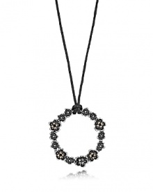 A delicate floral garland pendant embellished with sparkling black spinel on a modern leather necklace. From PANDORA.